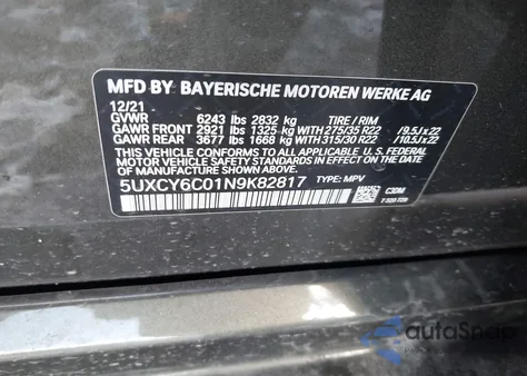 2022 BMW X6 xDrive40I z USA, uszkodzony, nr VIN 5UXCY6C01N9K82817